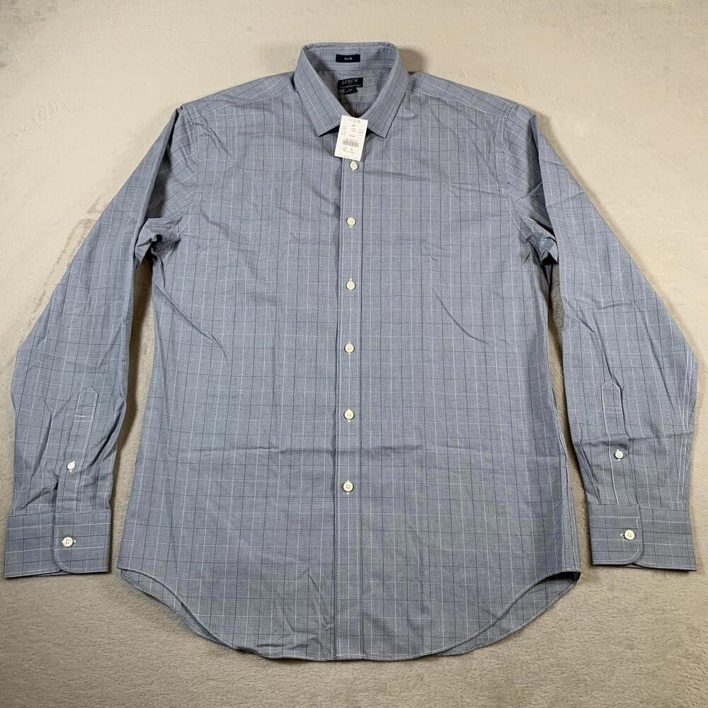 J Crew Shirt Men's Large Blue Slim Flex Wrinkle Free Micro Check Long Sleeve NEW
